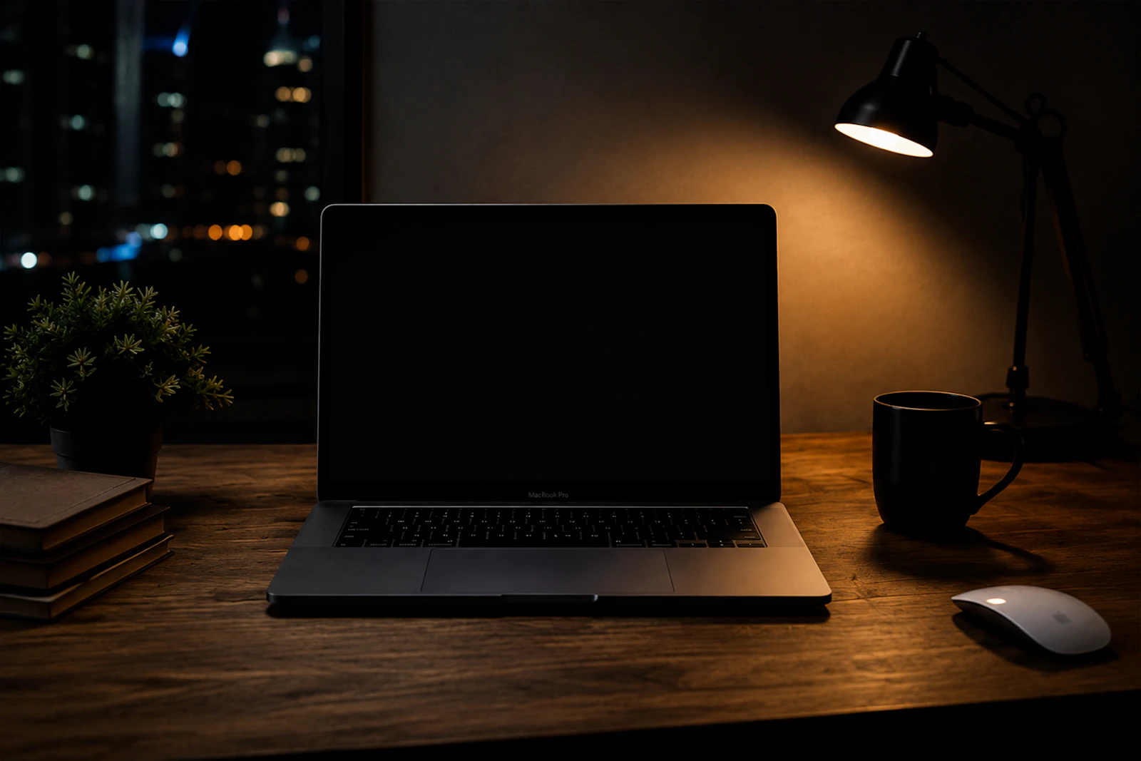 A laptop on a wooden desk at night, lit by a desk lamp